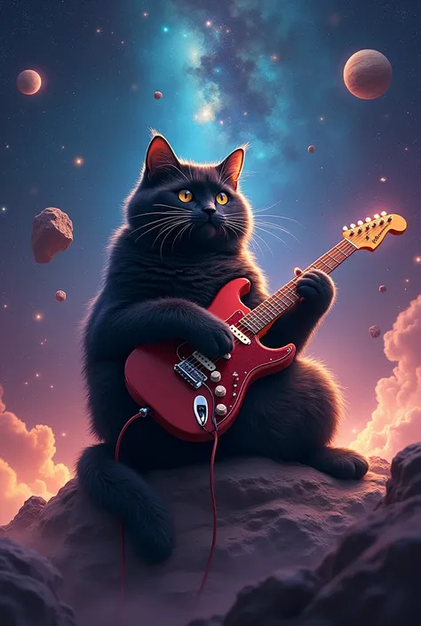 Big fat black cat enjoy playing guitar on the space