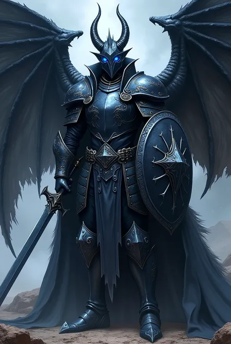 Create rpg character d&d 5e medieval. 
Black dragon, with blue eyes. Paladin with armor inspired by the golden knights of saint seiya. 
His appearance is intimidating and frightening, besides being quite tall and strong. He has a long sword and a shield.  