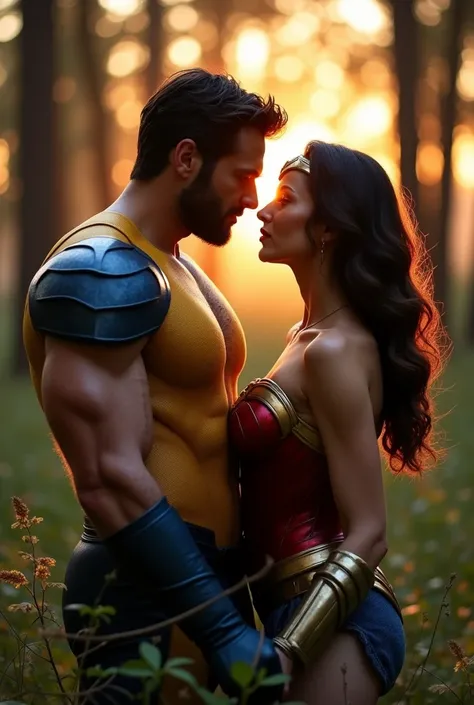 "Create a close-to-realistic image of Wonder Woman and Wolverine in a romantic setting. Wonder Woman, in her iconic red, blue, and gold armor, stands close to Wolverine, who is wearing his classic yellow and blue suit with his claws retracted. They are sha...