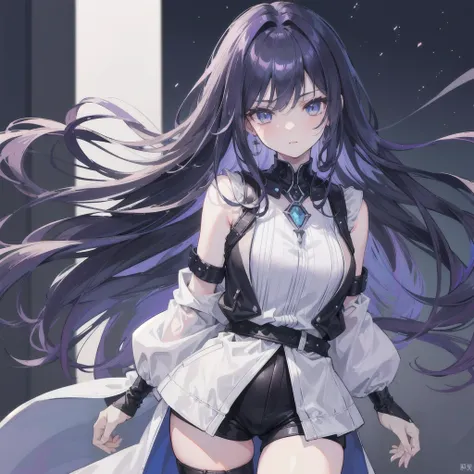 a beautiful anime girl, perfect body proportion, perfect angle, purple long hair with blue inner color, silver eyes with star-like pupils, beautiful light smile, detailed blush, black chocker and silver necklace, white vest with exposed belly, black trench...