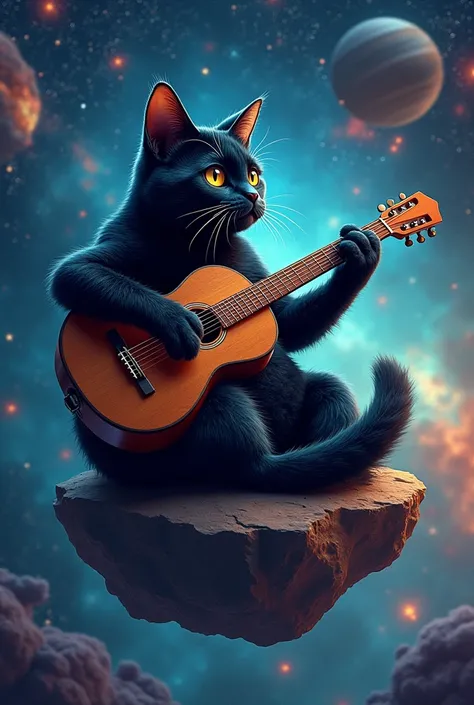 Big fat black cat enjoy playing classical guitar on the space