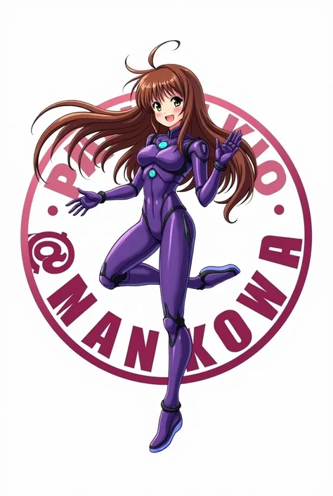 Round logo for promotional brand of Cosplayer with the name of instagram (@daniko.DC) with an image of a girl in cosplay with long brown hair dressed in the purple Evangelion suit from the 90s anime with a white background 