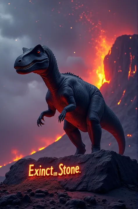 Create an image with a phrase extinct in stone and a black dinosaur with a volcanic background and a space-toned sky