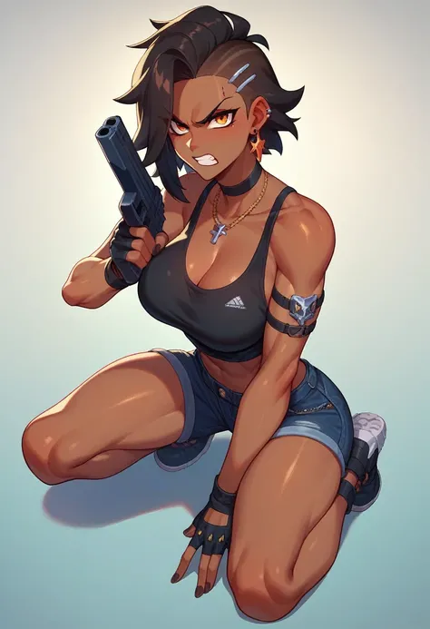 A woman with dark skin aims a gun at you, looking angry. 