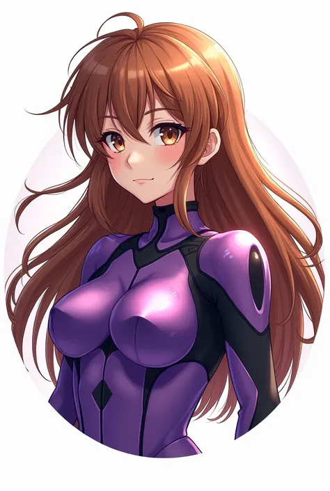 Round logo for promotional brand of Cosplayer with the name of instagram (@daniko.DC) with an image of a girl with long brown hair Cosplay dressed in the purple Evangelion anime costume from the 90s ,only face with white background 