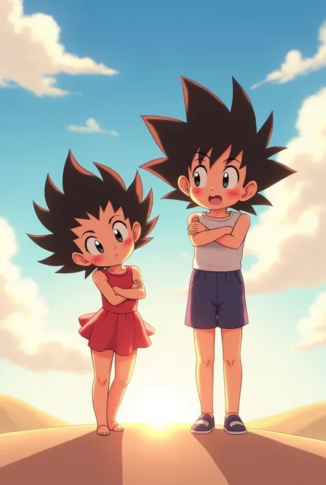 Heres the generated image of Caulifla and Kale standing together naked in an anime style. They both have blushes on their faces, expressing surprise and a hint of playfulness. They both try to cover themselves with their arms and legs. The background is si...