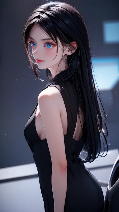 1 girl, medium light black hair, light blue eyes, wearing Black suit 4D , night city, absurdres , high res, ultrasharp, 8K, masterpiece, looking from behind