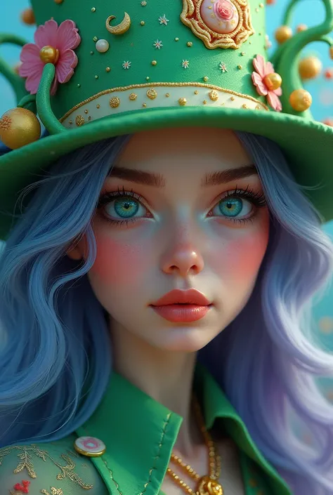 a close up of a woman with a green hat on her head, digital art by loish, Artstation contest winner, pop surrealism, beeple and jeremiah ketner, artgerm julie bell beeple, colorfull digital fantasy art, detailed fantasy digital art, greg beeple, a beautifu...