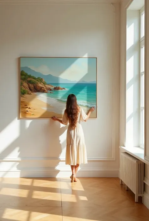 woman in a large, well-lit room placing a 60x80 painting on the wall
