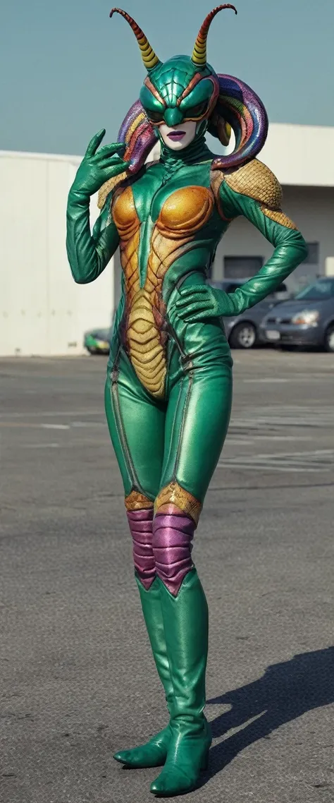 kaijinxl. full body, perfect anatomy. a woman in dynamic pose wearing a (cobra:1.2) monster themed green and rainbow metallic bu...