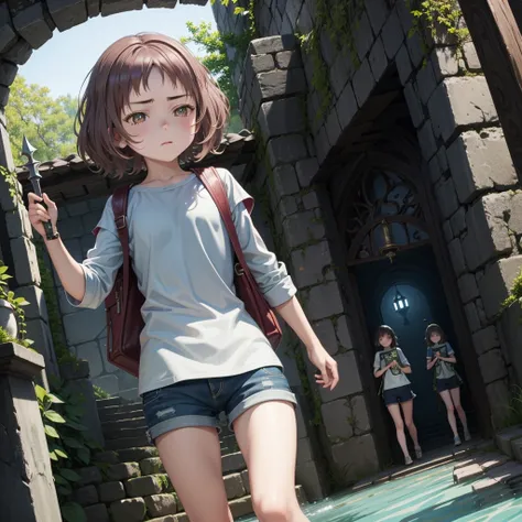 最high quality、high quality、Simple cloth clothing、１０Year old girl adventurer、Climb the maze stairs、Shorts、Equipped with a dagger and a shield、In a dark maze、The body is being swallowed by slime