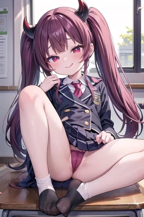 solo、（Taking off a school uniform）, Whole body、Young face、long Hair、long Twin tails、Spoiled brat、Immature body、（Small breasts）、smile、（Sweat）、（Thick thighs:1.5)、（little demon horns and tail）、red  eyes、Open mouth、double teeth、fang、blushing and sticking out h...