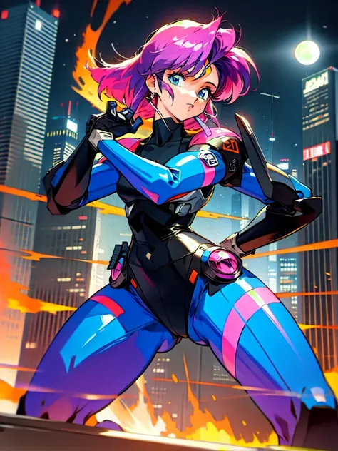 in the art style of "Kenichi Sonoda", 1990s (style), retro art style, Japanese original video animation "Bubblegum Crisis",  Sci-fi, Cyberpunk, Neon, Dystopia, Crash and Burn, (On a full moon night, on the rooftop of a high-rise building, a figure is seen ...