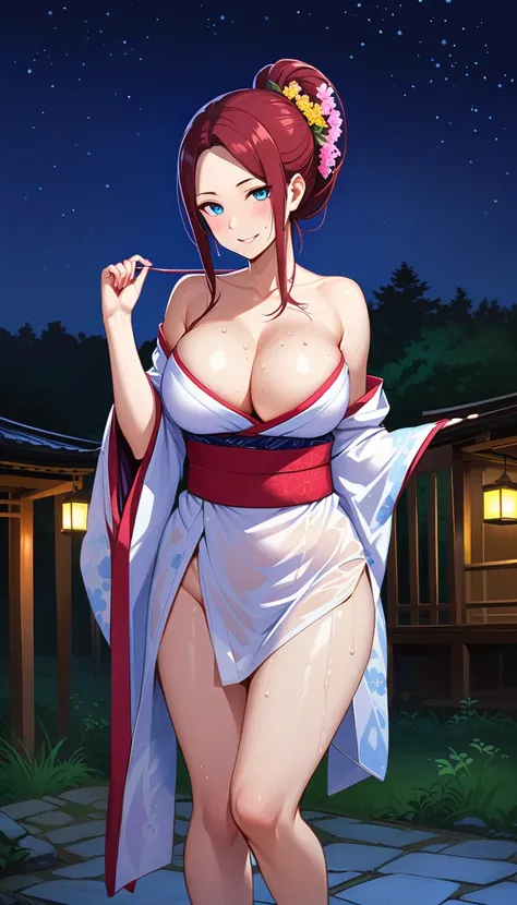 
solo, long hair, breasts, looking at viewer, blush, bangs, large breasts:1.6, hair ornament, cleavage, blue eyes, full body, clip on hair, laughter ,parted lips, japanese clothes, kimono, mole, mole under eye, kushina ,curve body,milf,motherly,mature fema...