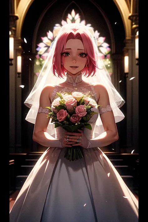 sakura haruno, ((one)), one, bride, wearing a white wedding dress, queen, happy, ((forehead, to show)), standing, entering the c...