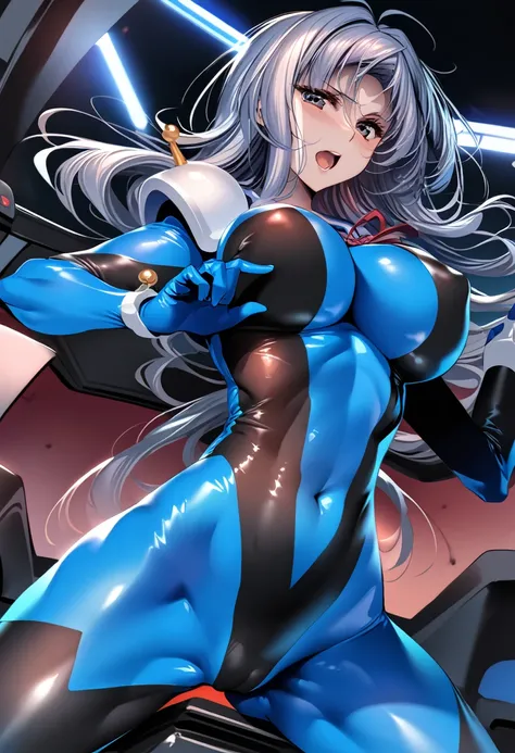 Neck ribbon,Perfect hands, Perfect Fingers,Perfect Anatomy, masterpiece, Highest quality,Anime Style, 16k hdr,One person, Large Breasts,Erect nipples,Blue Hair, Straight Long Hair,Mobile Trace Suit, Shoulder Armor,(Red and blue bodysuit:1.4),Sexy pose, Upp...