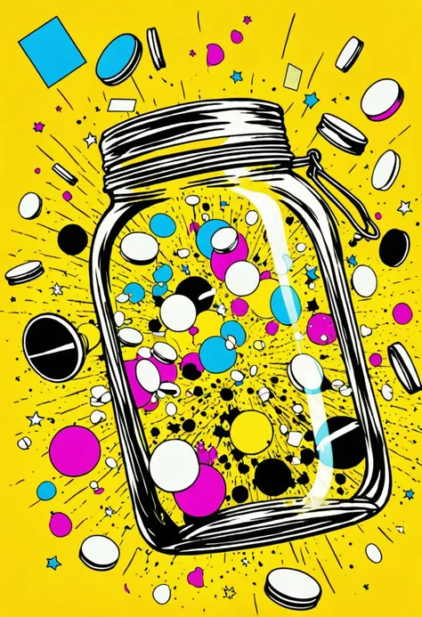 low quality、pop art、transparent jar、floating、diagonal、drugs、round tablet、spill、dancing in the air、yellow background