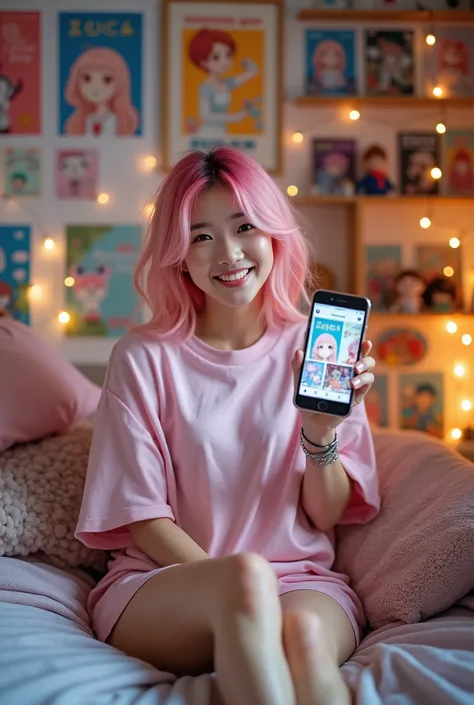 Japanese woman with dyed hair and piercing in a large light pink t-shirt, bare legs, and feet is showing a post on instagram on her phone to the camera, she looks very happy, in her bedroom full of anime reference