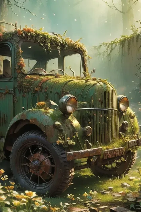 a rusty machine covered in moss and plants, signs of decay,mechanical graveyard，small flowers,sunset,end,photography