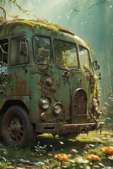 a rusty machine covered in moss and plants, signs of decay,mechanical graveyard，small flowers,sunset,end,photography