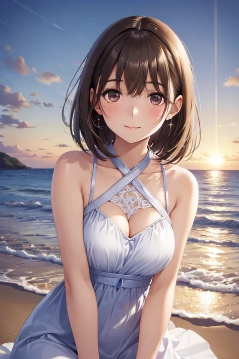 anegasaki nene、Shiny brown hair, short hair, (Beautiful brown eyes、Sparkling eyes, Fine grain)、smile、Ultra-detailed eyes、Very detailedな顔, Very detailedな目,



elegant blue dress (Background of the beach at sunset), Very detailed, Defined features,  Age 25, ...