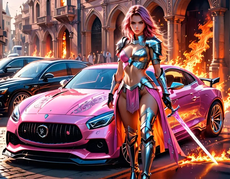 a portrait of a beautiful female knight ready for battle, she is standing near her  loyal car, a mature female paladin knight, holy warrior, ((full body: 1.5)), ((anatomically correct: 1.5)), (ultra detailed face: 1.2), looking tense, looking dangerous, dy...