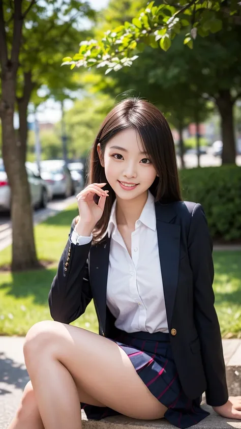 Pure young Japanese girl, natural body, beautiful legs, sitting, wearing formal jacket and blouse and pleated long skirt, pantyhose, sweet smile, sweet temptation, soft summer sunlight, professional pin-up portrait photography