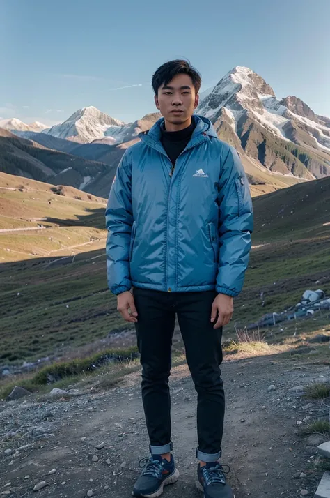 please make me a realistic photo of a 25-year-old Asian man with a handsome oval full body, wearing a parachute mountain jacket light blue colour, wearing black jeans, wearing mountain shoes, standing, with an aesthetic mountain background in the bright da...