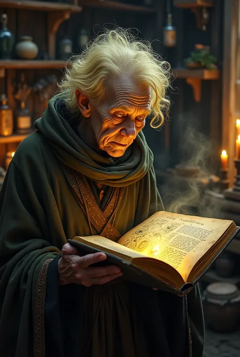 Old witch with short yellow hair with book