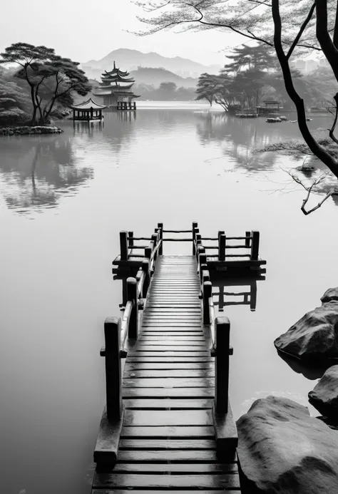 A Kind of pictorial zen style,Ink painting,Great view of West
Lake,Small bridge and flowing water。8K，Black and White，Leica camera