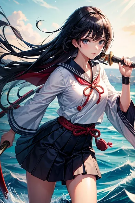 Black hair, Japanese sword, sailor uniform

