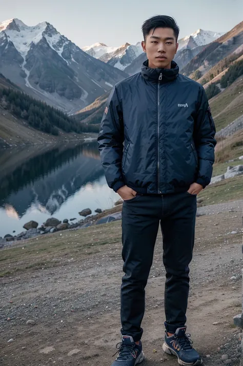 please make me a realistic photo of a 25-year-old Asian man with a handsome oval full body, wearing a ((the nort face)) parachute jacket navy blue colour, wearing black jeans, wearing mountain shoes, standing, with an aesthetic mountain background in the b...