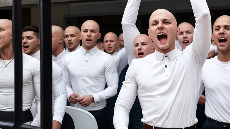 White long sleeve，White trousers，Skinhead，male，dark，People in distress々，Screaming，