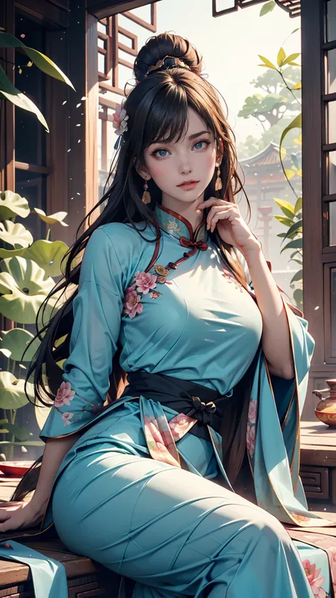 Ancient Chinese beauty sitting on a stone, Wearing ancient Chinese costumes, Flowing blue tulle, light silk, Lazy pose, Big lotus leaf, Lotus flower, Ink painting style, Beautiful colors, The decisive cut, blank, free-hand, masterpiece, Very detailed, A ma...