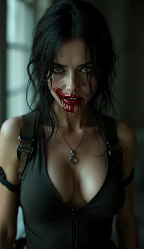 full body shot, lara croft as vampire, lara croft game outfit,  beautiful detailed eyes, beautiful detailed lips, extremely detailed eyes and face, bloody fangs, blood dripping from cheek onto neck and cleavage, sexy dangerous look, dark moody atmosphere, ...