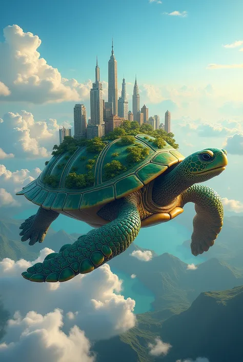 generate me a giant turtle in the air with a city on its back same but another color 