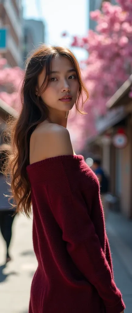 (32K:1.9, Highest quality, masterpiece, Ultra-high resolution), Perfect dynamic composition, Highly detailed skin and facial textures:1.3, Detailed eyes, Detailed limbs, Spring Street Corner:1.1, 1 Japan, height: 162cm, Cute and sexy 25 year old woman, Fai...