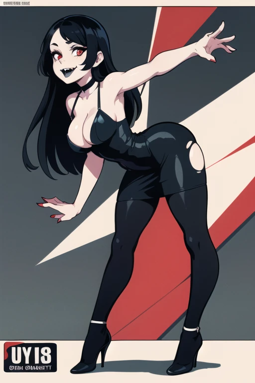 ((ultra quality)), ((masterpiece)), ((jet black hair, long hair, red eyes, goth girl, gothic, revealing, tight dress, high cut, porcelain white skin, pale skin)),(vampire, black silk dress, stockings, black ensemble, black lipstick, vampire fangs, blood dr...