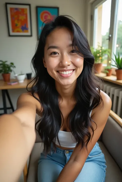 Selfie-style photo. A 20-year-old Asian woman sitting on a chair.