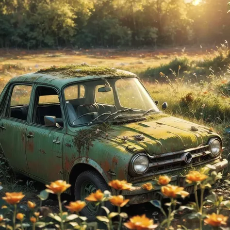 a rusty car covered in moss and vegetation, signs of decay,car graveyard，crow，small flowers,sunset,end,photography