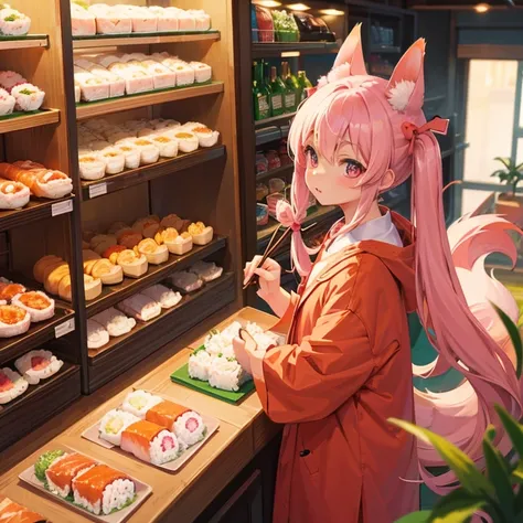 product display shelves　multiple types of Inari sushi　Fox ears　Twin tails　Hair between the eyebrows　Pink collar　Children&#39;s wear　one tail sticking out of pants　Hands with a high degree of perfection