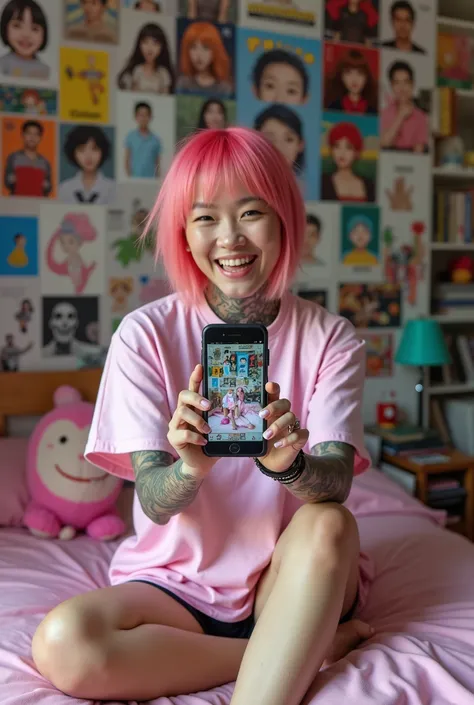 Taiwainese woman iwith dyed hair, tatoo and piercing n a large light pink t-shirt, bare legs, and feet is showing a post on instagram on her phone to the camera, she looks very happy, in her bedroom full of anime reference,