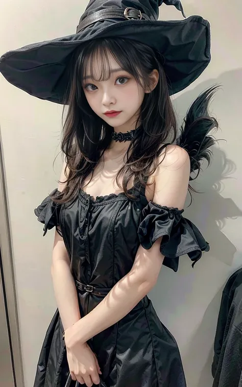  1 person、Long Hair、Black Hair、(whole body:1.2)、Witch fashion、Witch Hat、Gothic witch、Gothic Darkness、(Gothic Makeup:1.1)、scenario