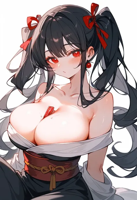 Anime-style illustrations。A woman with a seductive expression and a downer, mysterious aura.。Eyeliner。Her skin is flesh-colored、She has black hair。Her hairstyle is twin tails with vertical roll curls on each side.。Red eyes。Background Japanese-style room ni...