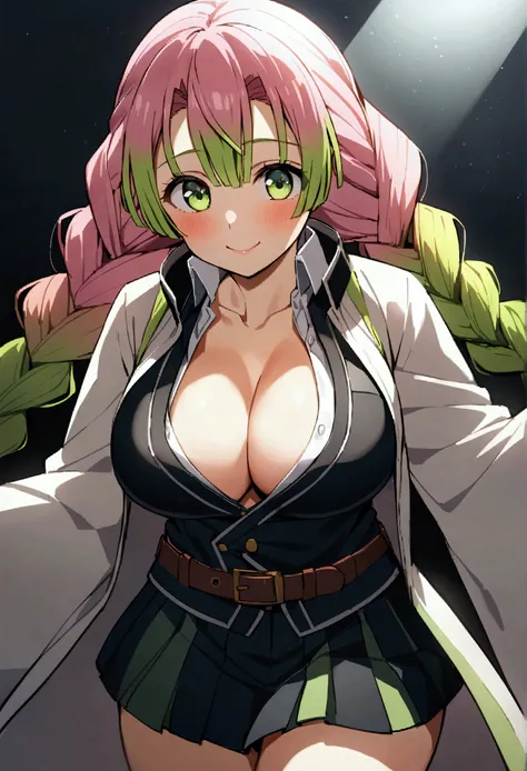 
1 person、Kanroji Mitsuri、Braid、Gradient Hair、Green Eyes、Green Hair、Long Hair、mole、目の下のmole、Multi-coloured hair、Pink Hair、ツインBraid、Two-tone hair、Big Breasts、belt、黒いskirt、Cleavage、coat、鬼滅の刃のuniform、Haori、kimono、Long sleeve、ミニskirt、Partially unbuttoned、プリーツs...