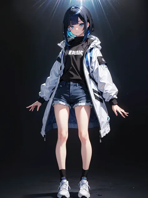 Black background with spotlight, Long eyelashes, Heterochromia iridis,（Blue eyes and rainbow eyes）, Young face, White jacket,Medium Hair, I wore shorts、Wear sneakers、Black hair with blue highlights, whole body