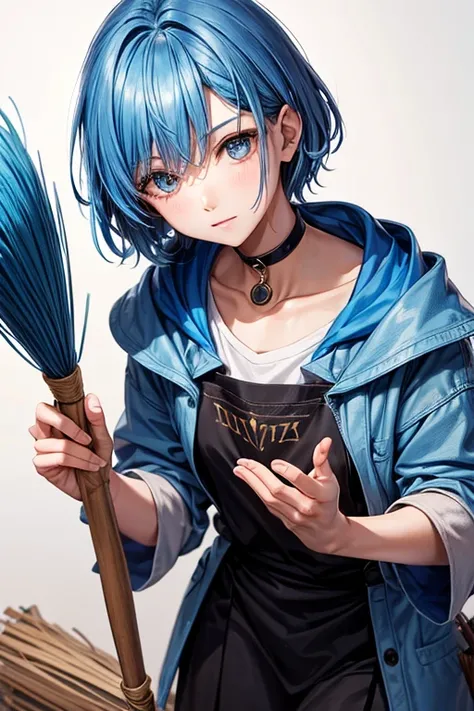 Wizard, blue hair, short hair, broom