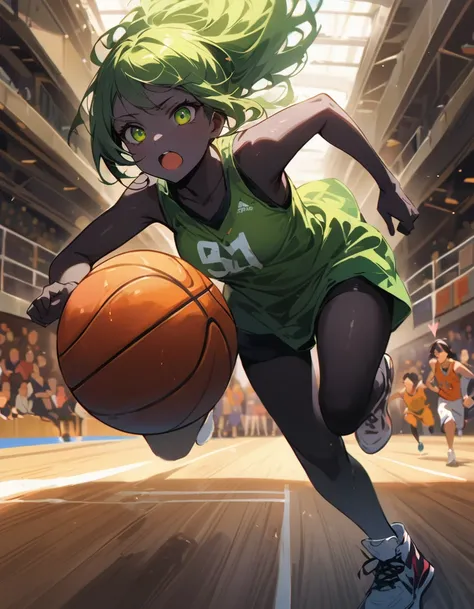 Fantastic realism、bokeh dof、ultra-detailliert、1girl、bionde(Black skin)、green colored eyes、running、basketball、perspiring、shinny skin、Inside the gymnasium