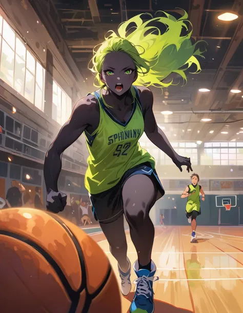 Fantastic realism、bokeh dof、ultra-detailliert、1girl、bionde(Black skin)、green colored eyes、running、basketball、perspiring、shinny skin、Inside the gymnasium