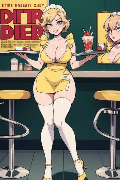 ((ultra quality)), ((masterpiece)), ((frizzy ginger hair, light strawberry blonde hair, pale skin)),(1950s diner girl, short yellow dress, high white stockings, yellow ensemble, lipstick, yellow maid outfit, short dress, cleavage, busty), diner pose, drama...